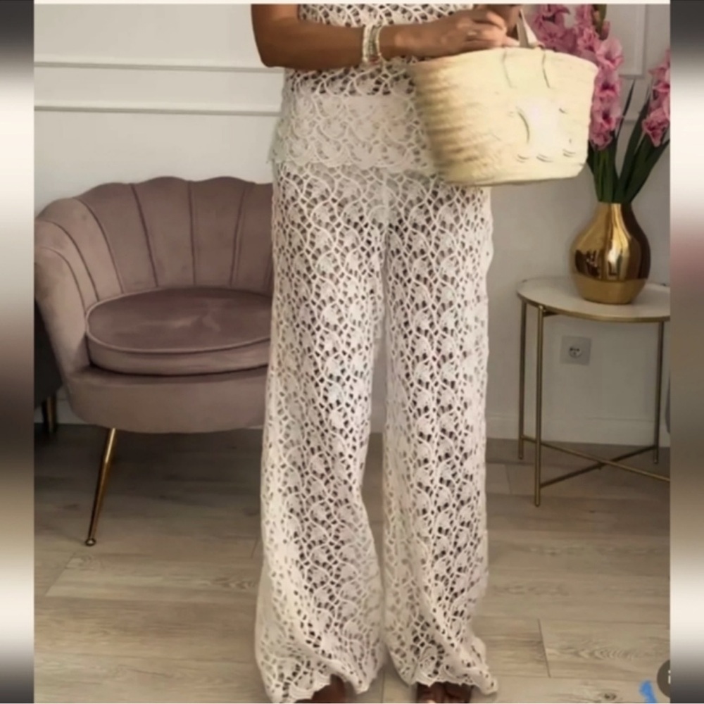 Zara Crochet Wide Leg Flared‎ Pants NWOT Small - Picture 3 of 9